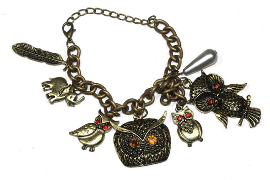 Owl, Elephant & Feather Charm Bracelet