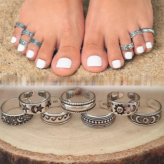 7pcs Retro Hollow Carved Star Moon Toe Rings Adjustable Opening Finger